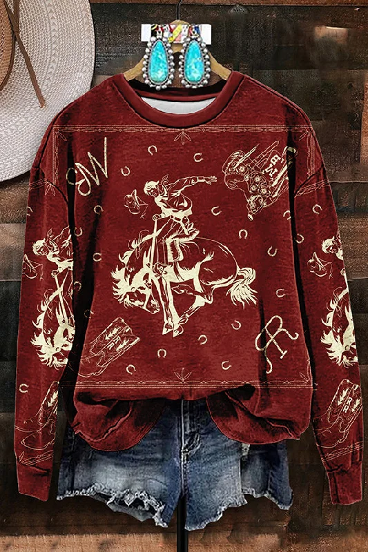 Vintage Western Rodeo Print Sweatshirt Hoodie with Button Classic Timeless