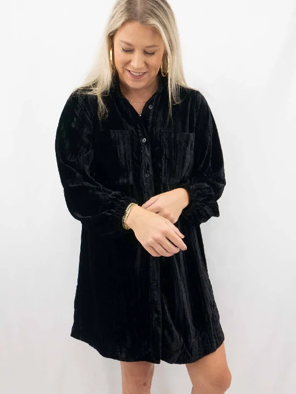 Velvet Collared Button Up Dress Casual Short Summer