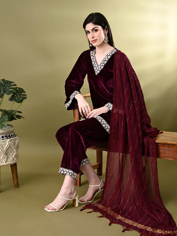 Myshka Women's Magenta Velvet Kurta Pant With Dupatta Set Relaxed Linen Pants