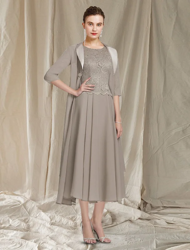 Two Piece A-Line Mother of the Bride Dress Church Elegant Jewel Neck Tea Length Chiffon Lace Half Sleeve Jacket Dresses with Appliques Striped Jacket Polka Dot Jacket Floral Jacket Two Piece A-Line Mother of the Bride Dress Church Elegant Jewel Neck Tea Length Chiffon Lace Half Sleeve Jacket Dresses with Appliques Striped Jacket Polka Dot Jacket Floral Jacket