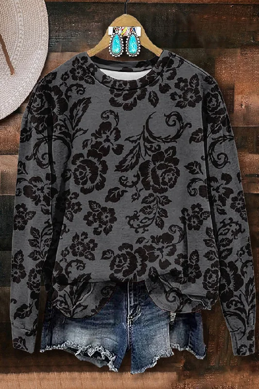 Retro Floral Print Sweatshirt Hoodie with Fur Luxurious Winter