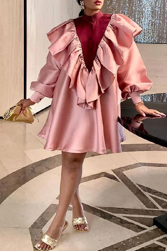 Color Block Sweet Ruffle Mini Dress Fashionable Mini Dress with Frills