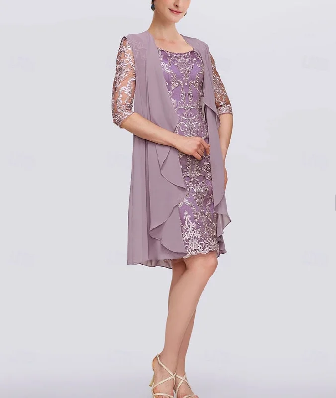 Two Piece Sheath / Column Mother of the Bride Dress Elegant Jewel Neck Knee Length Chiffon Lace Half Sleeve Jacket Dresses with Lace Faux Fur Jacket Real Fur Jacket Shearling Jacket Two Piece Sheath / Column Mother of the Bride Dress Elegant Jewel Neck Knee Length Chiffon Lace Half Sleeve Jacket Dresses with Lace Faux Fur Jacket Real Fur Jacket Shearling Jacket