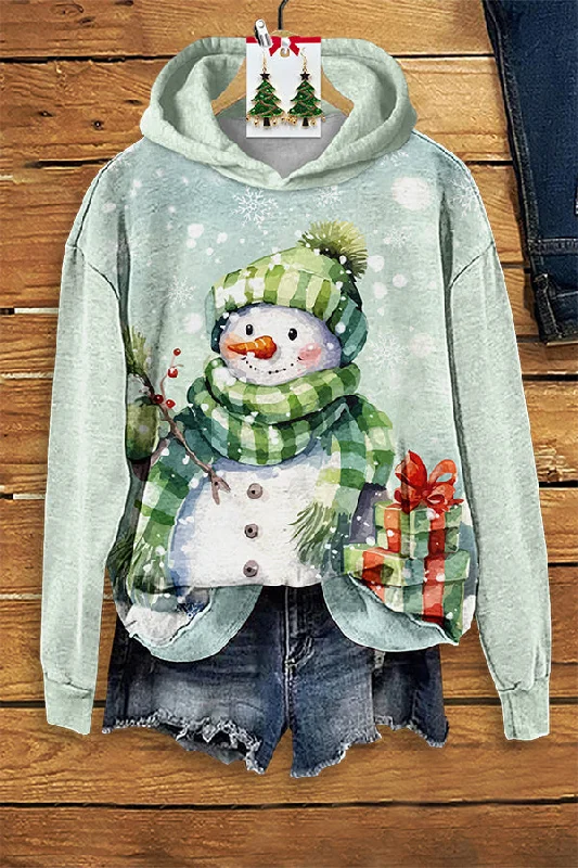 Casual Christmas Snowman Print Hoodie Hoodie with Hem Embroidery Detailed Premium