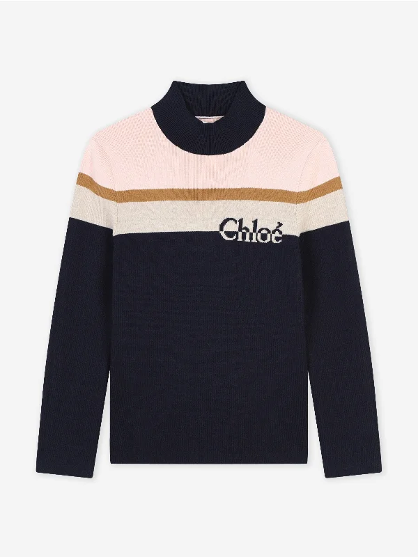 Chloé Girls Striped Knitted Sweatshirt in Navy Hoodie with V-Neck Classic Versatile