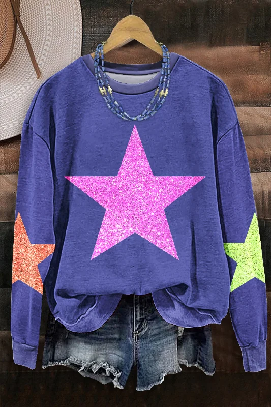 Sparkle Star Print Sweatshirt Hoodie with Hidden Zipper Minimalist Clean