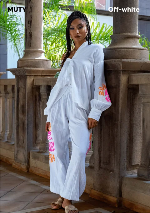 White Gauze Pants with Pink & Orange Sequins Chic Slim Fit Pants