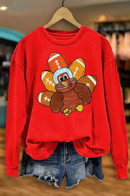 Retro Football Turkey Print Sweatshirt Hoodie with Snap Buttons Easy Quick