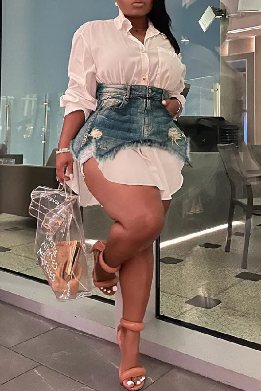 Denim Combo Stylish Mini Dress Two Piece Fashionable Lace-Trim Mini Dress