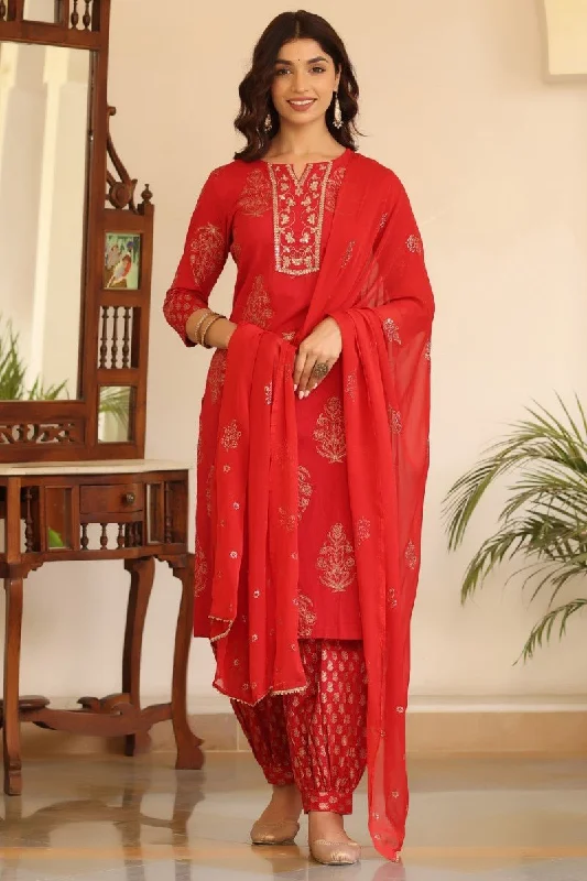 Ahika Red Cotton Embroidered Work Straight Kurta Pant Dupatta Set Stylish Slim Trousers Ahika Red Cotton Embroidered Work Straight Kurta Pant Dupatta Set Stylish Slim Trousers