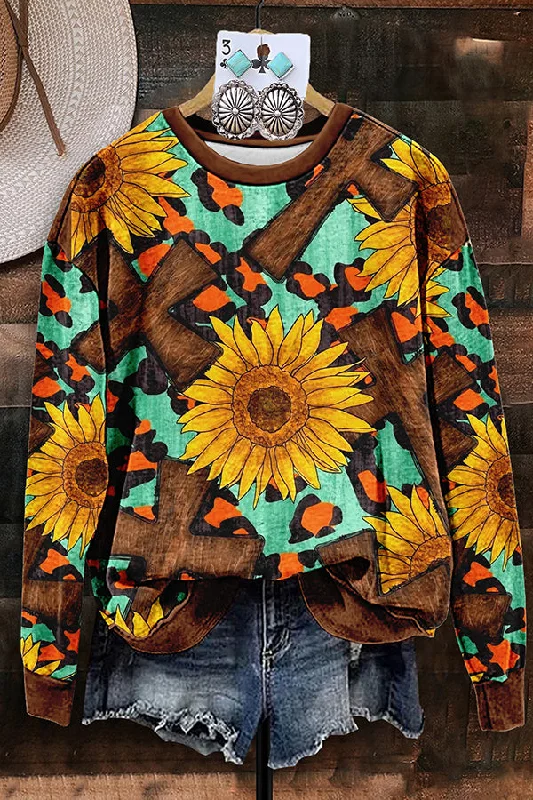 Vintage Sunflower Cross Leopard Print Sweatshirt Hoodie with Metallic Shiny Futuristic