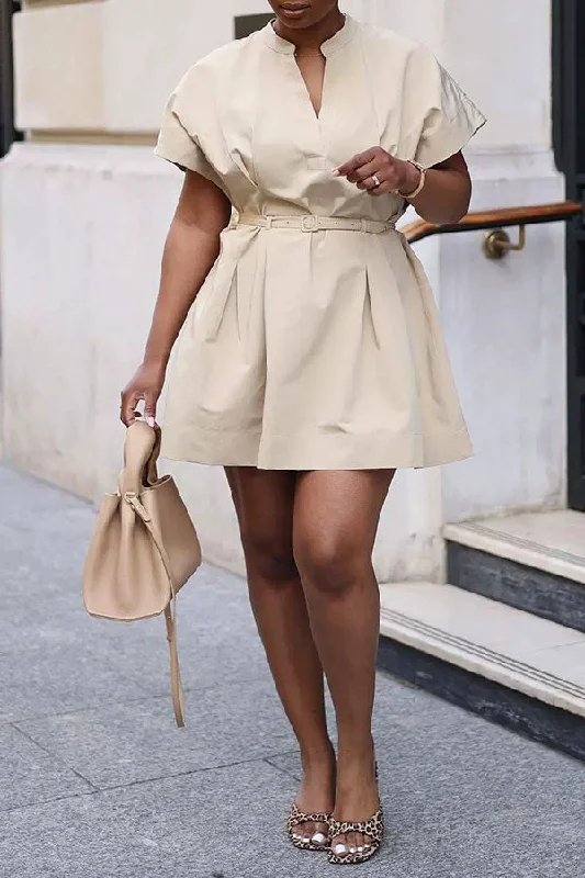 Solid Color Batwing Sleeve Simple Belted Pleated Mini Dress Fashionable Summer Mini Dress