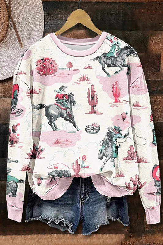 Western Cowgirl Printed Sweatshirt Hoodie with Ribbed Neckline Snug Warm