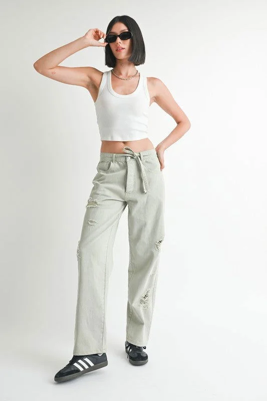 Distressed Wide Leg Pants Comfy Cargo Trousers