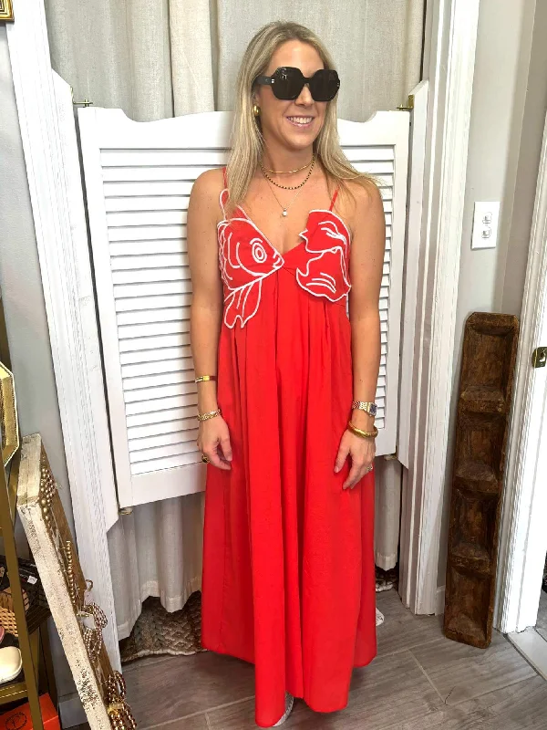 Red Koi Fish Dress Tunics Denim casual