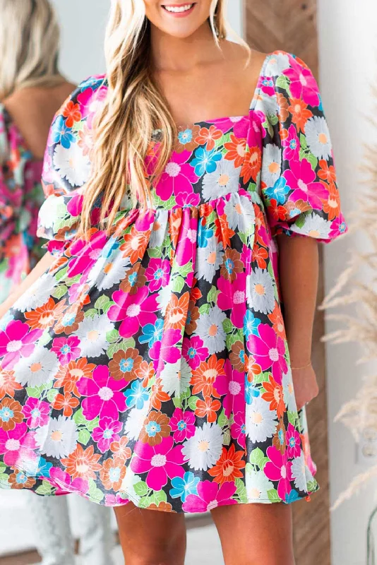 Blue Zone Planet |  Rose Floral Print Square Neck Short Puff Sleeve Dress Boat Neckline Classic