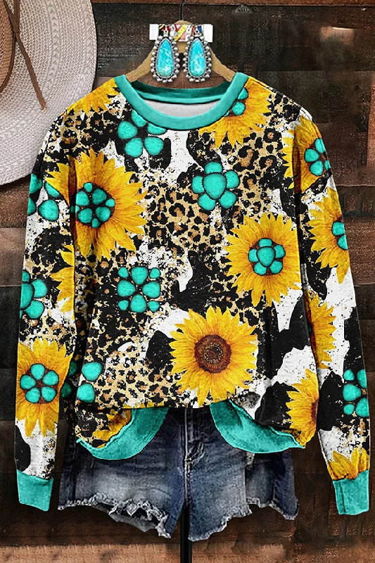 Vintage Western Sunflower Leopard Print Sweatshirt Hoodie with Hem Applique Textured Unique Vintage Western Sunflower Leopard Print Sweatshirt Hoodie with Hem Applique Textured Unique