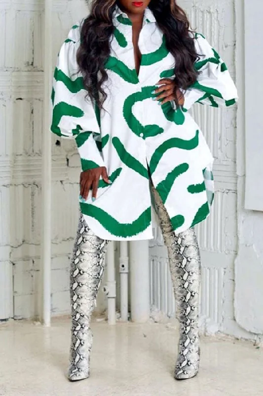Abstract Print Lapel Cute Button Down Mini Dress Trendy Mesh Mini Dress