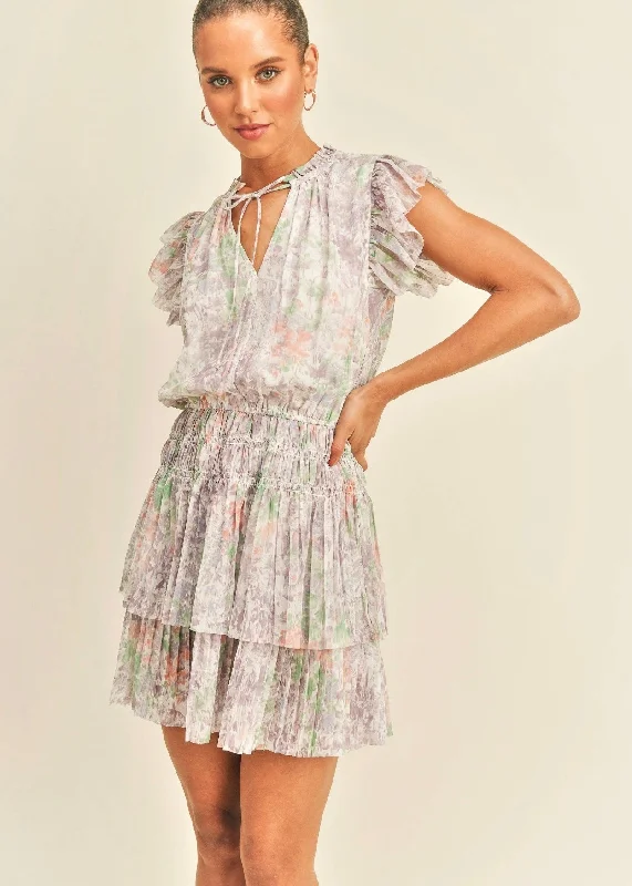 Lorena Lilac Floral Ruffle Tie Mini Dress Fashionable Button-Front Mini Dress