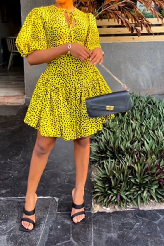 Polka Dot Lace-Up Cute Ruffle Hem Mini Dress Trendy Off-Shoulder Dress Mini