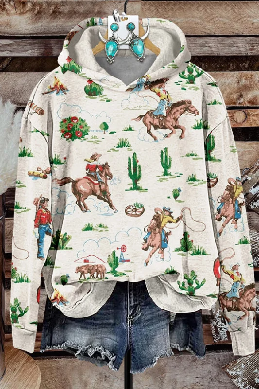 Western Ranch Print Hooded Sweatshirt Hoodie with Applique Textured Unique