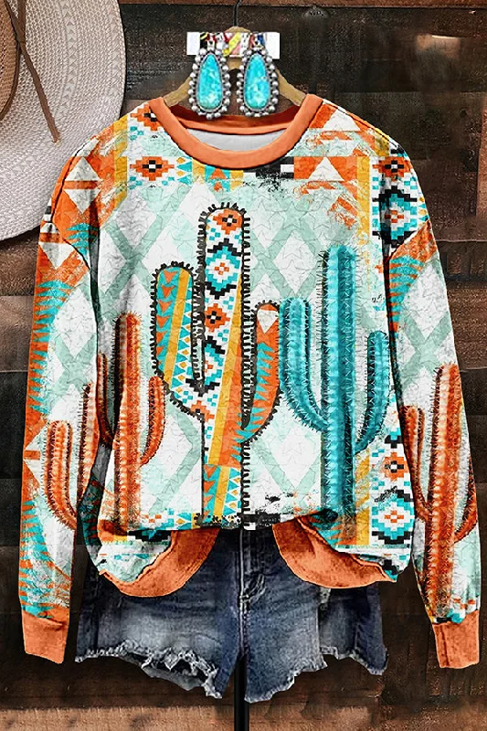 Retro Western Aztec Cactus Print Sweatshirt Hoodie with Pattern Geometric Abstract
