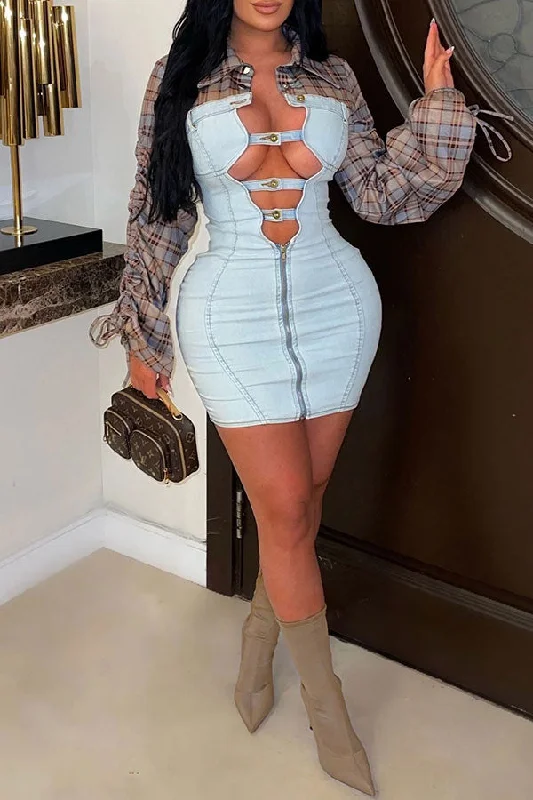 Plaid & Denim Patchwork Hot Cutout Drawstring Mini Dress Cozy Wraparound Mini Dress