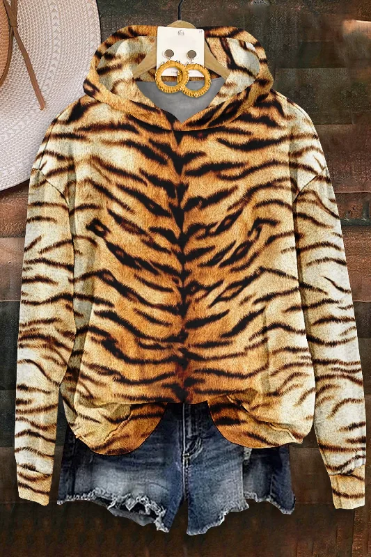 Vintage Tiger Print Long Sleeve Hoodie Hoodie with Elastic Cuffs Stretchable Comfortable
