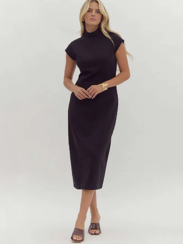 Mock Neck Midi Black Dress Tunic Top Casual