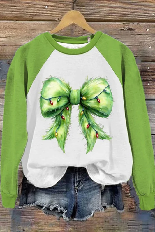 Women's Christmas Green Fur Coquette Bow Sweatshirt Hoodie Dress Longline Feminine