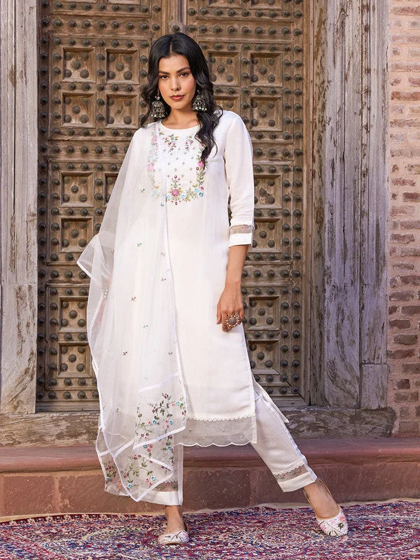 Malishka Women's Embroidered Viscose Chanderi Kurti With Pant & Dupatta Set - White Relaxed Linen Pants Malishka Women's Embroidered Viscose Chanderi Kurti With Pant & Dupatta Set - White Relaxed Linen Pants