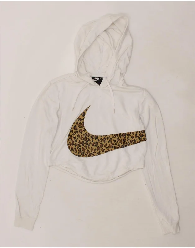 NIKE Womens Crop Graphic Hoodie Jumper UK 6 XS White Hoodie with Exposed Zipper Edgy Industrial NIKE Womens Crop Graphic Hoodie Jumper UK 6 XS White Hoodie with Exposed Zipper Edgy Industrial