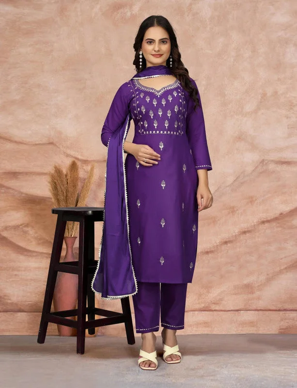 Malishka Women's Embroidered Cotton Blend Kurti With Pant & Dupatta Set - Purple Modern Stretch Trousers