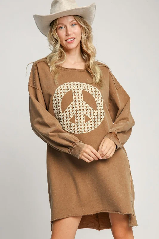 Umgee Peace Lace Applique Frayed Hem French Terry Mini Dress - Caramel Elegant Off-Shoulder Dress Mini