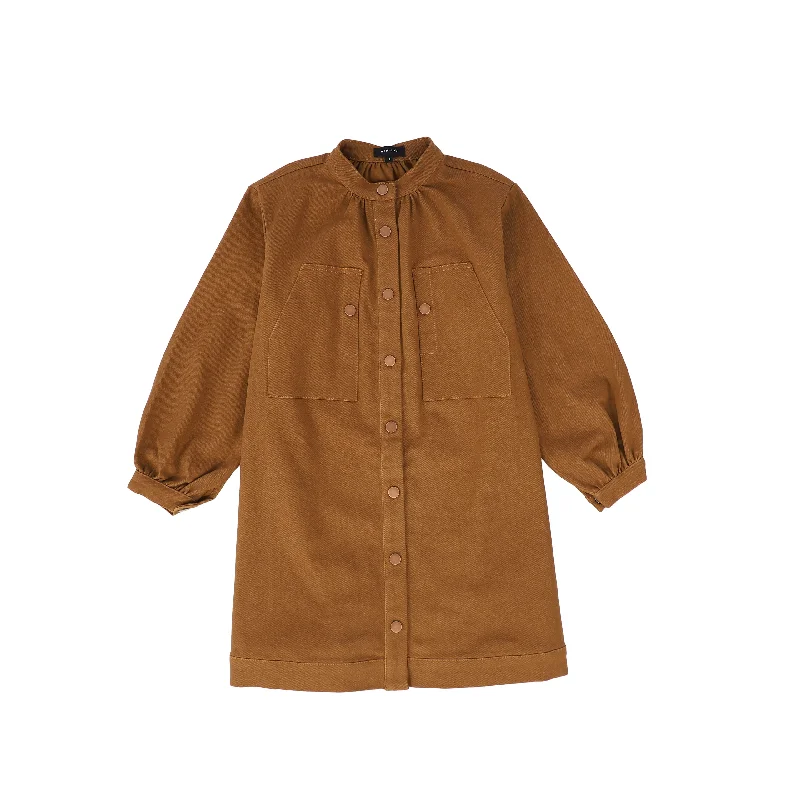 C14152-DENIM BUBBLE SLV BUTTON DRESS-Camel Tunics Cozy comfortable