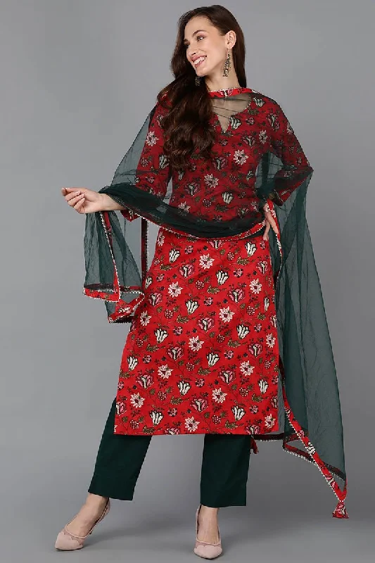 Ahika Red Rayon blend Floral Straight Kurta Pant With Dupatta Trendy Palazzo Pants