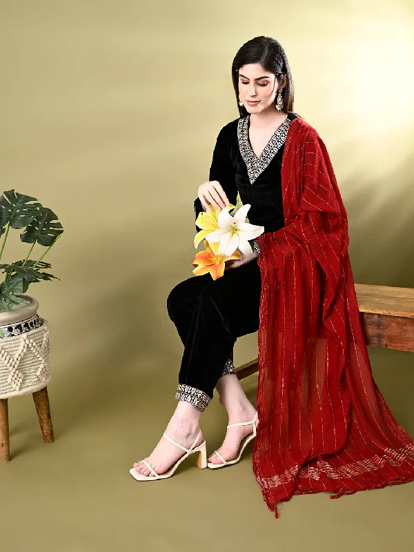 Myshka Women's Black Velvet Kurta Pant With Dupatta Set Comfortable Jogging Pants