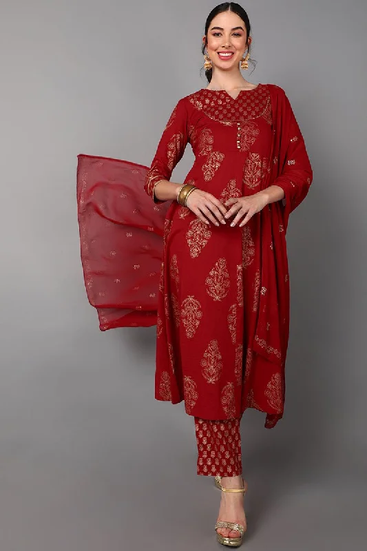 Ahika Red Cotton Straight Kurta Pant With Dupatta Set Slim-Fit Khaki Pants