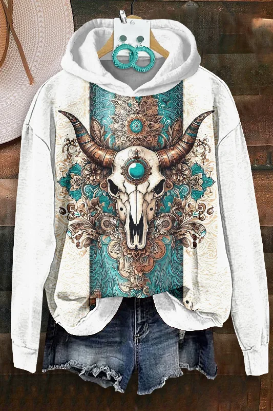 Vintage Longhorn Print Hoodie Hoodie with Sequins Glamorous Eye-catching