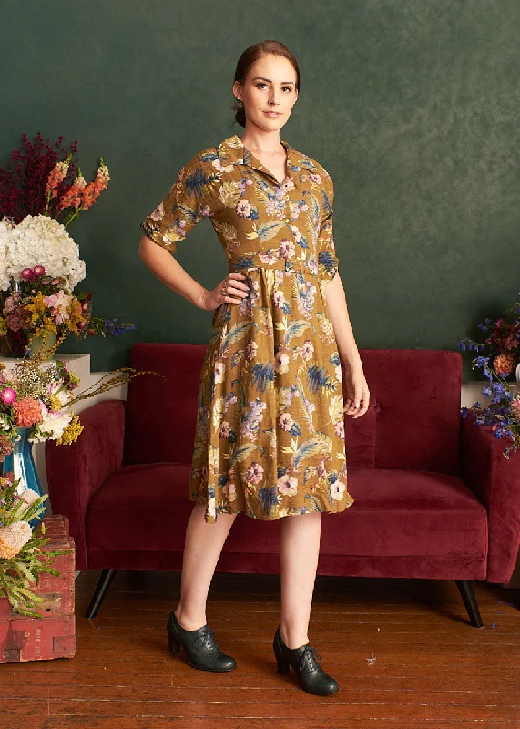 Filippa Khaki Floral Dress Boatneck Modish Everyday