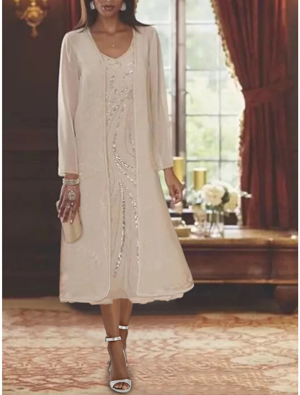Two Piece A-Line Mother of the Bride Dress Formal Fall Wedding Guest Elegant V Neck Tea Length Chiffon Lace Sleeveless Jacket Dresses with Beading Sequin Toggled Jacket Drawstring Jacket Belted Jacket Two Piece A-Line Mother of the Bride Dress Formal Fall Wedding Guest Elegant V Neck Tea Length Chiffon Lace Sleeveless Jacket Dresses with Beading Sequin Toggled Jacket Drawstring Jacket Belted Jacket