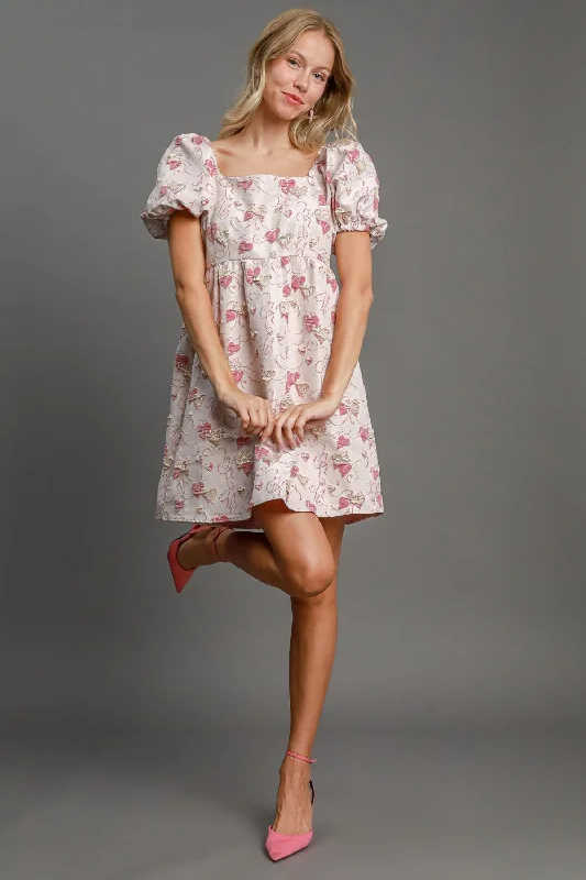 Umgee Heart Jacquard Square Neck Puff Sleeve Mini Dress - Pink Trendy Denim Mini Dress