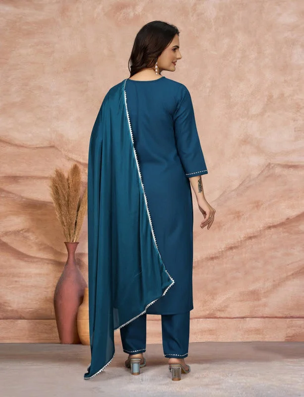 Malishka Women's Embroidered Cotton Blend Kurti With Pant & Dupatta Set - Teal Cozy Fitted Pants