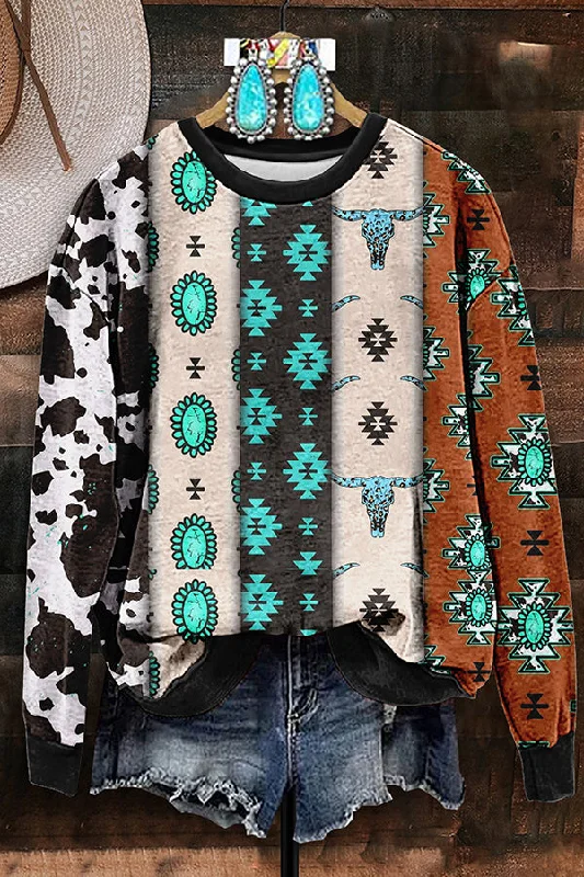 Retro Western Aztec Turquoise Print Sweatshirt Hoodie with Neon Bright Vibrant