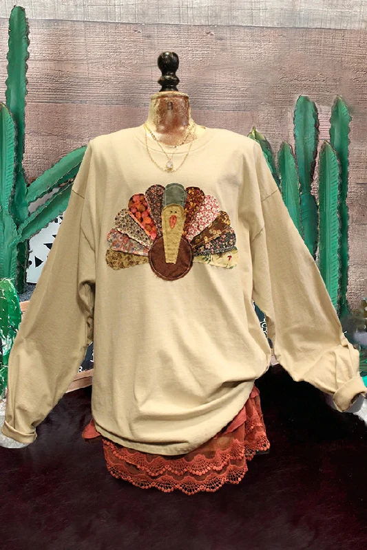 Vintage Colorful Turkey Pattern Sweatshirt Hoodie with Hem Applique Textured Unique