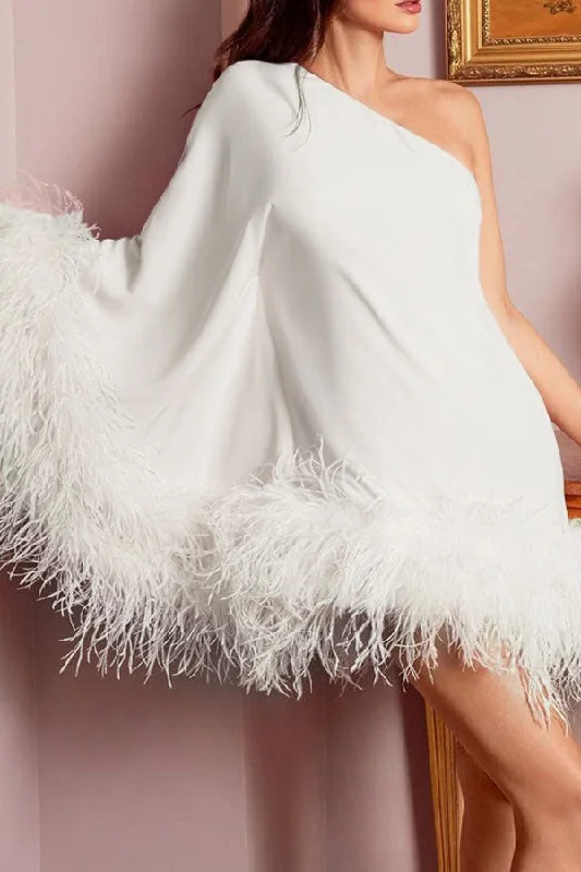 Fuzzy Trim One Shoulder Unique Cape Mini Dress Fashionable Party Mini Dress