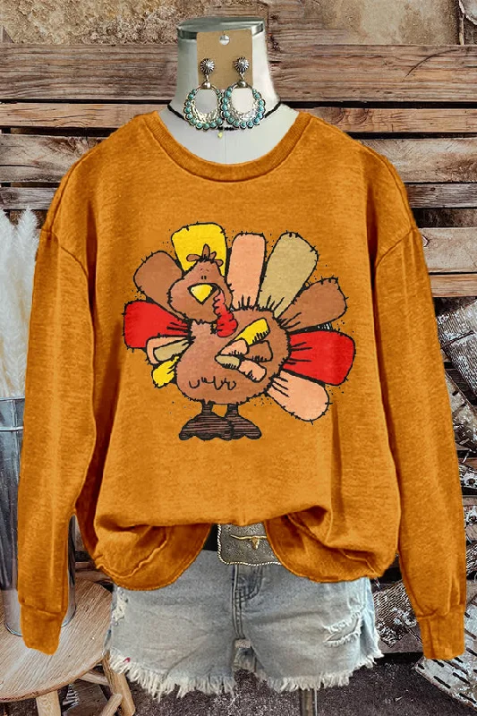 Unique Thanksgiving Turkey Print Sweatshirt Hoodie with Front Slit Layering Stylish