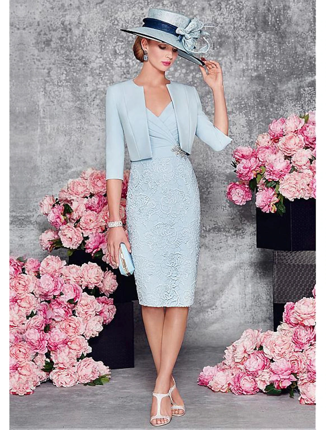 Two Piece Sheath / Column Mother of the Bride Dress Wedding Guest Church Half Sleeve Short Jacket Dresses with Lace Split Front Crystal Brooch Fleece Jacket Down Jacket Feather Jacket Two Piece Sheath / Column Mother of the Bride Dress Wedding Guest Church Half Sleeve Short Jacket Dresses with Lace Split Front Crystal Brooch Fleece Jacket Down Jacket Feather Jacket