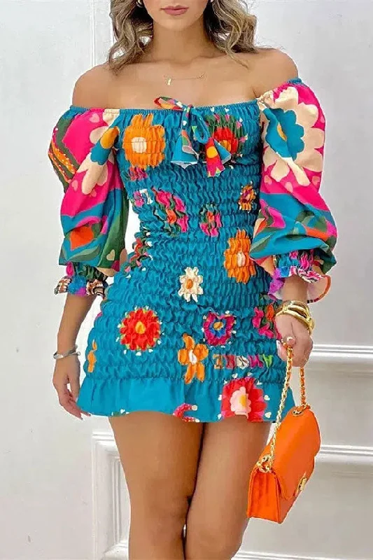 Floral Print Colorful Strap Shirred Ruffles Lace-Up Mini Dress Trendy Button-Detail Mini Dress