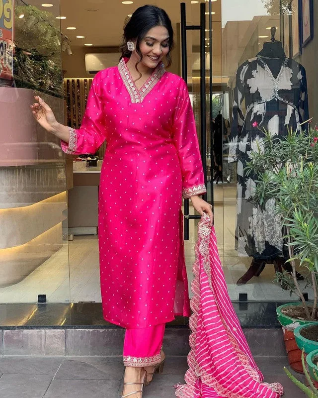 Malishka Export Women's Chanderi Embroidery Kurta Pant With Dupatta - Pink Chic Checkered Pants Malishka Export Women's Chanderi Embroidery Kurta Pant With Dupatta - Pink Chic Checkered Pants
